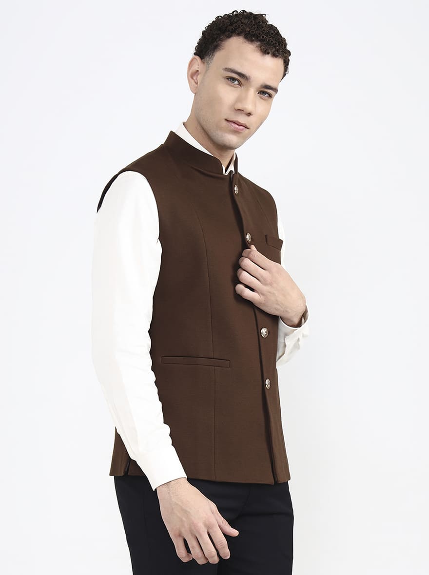Brown Solid Regular Fit Waistcoat | JB X JB