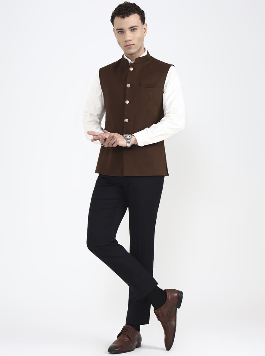 Brown Solid Regular Fit Waistcoat | JB X JB