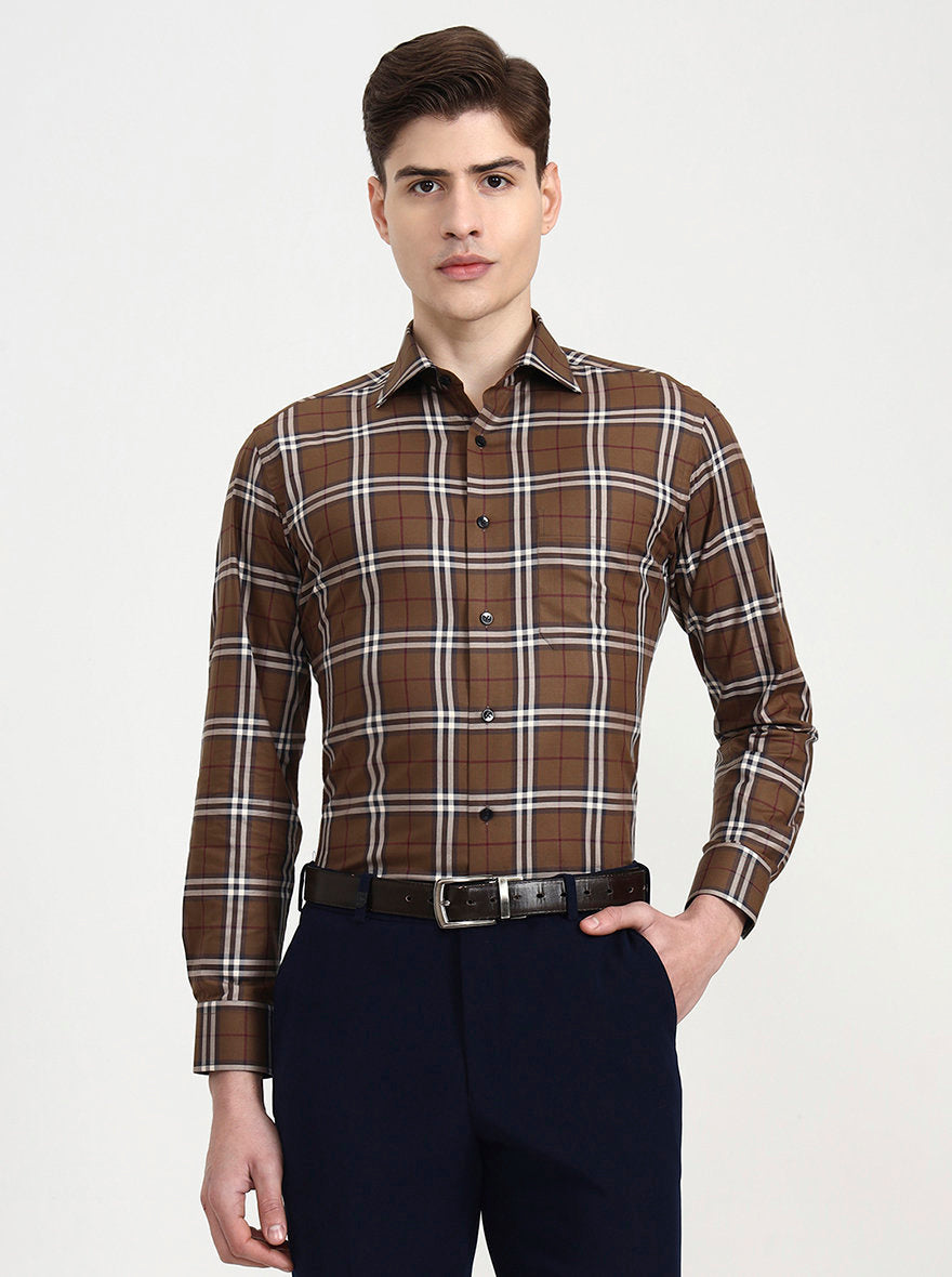 Brown Checked Slim Fit Formal Shirt | Metal