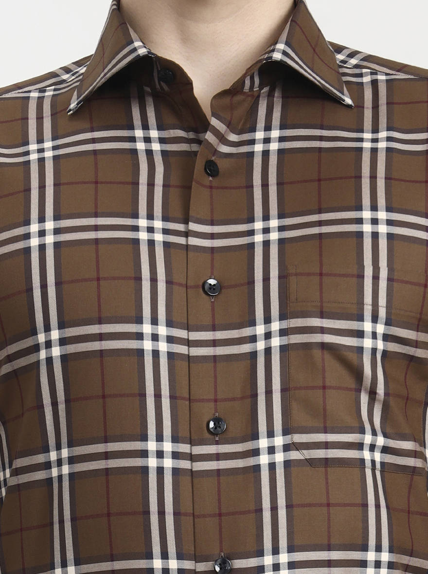Brown Checked Slim Fit Formal Shirt | Metal
