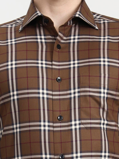 Brown Checked Slim Fit Formal Shirt | Metal