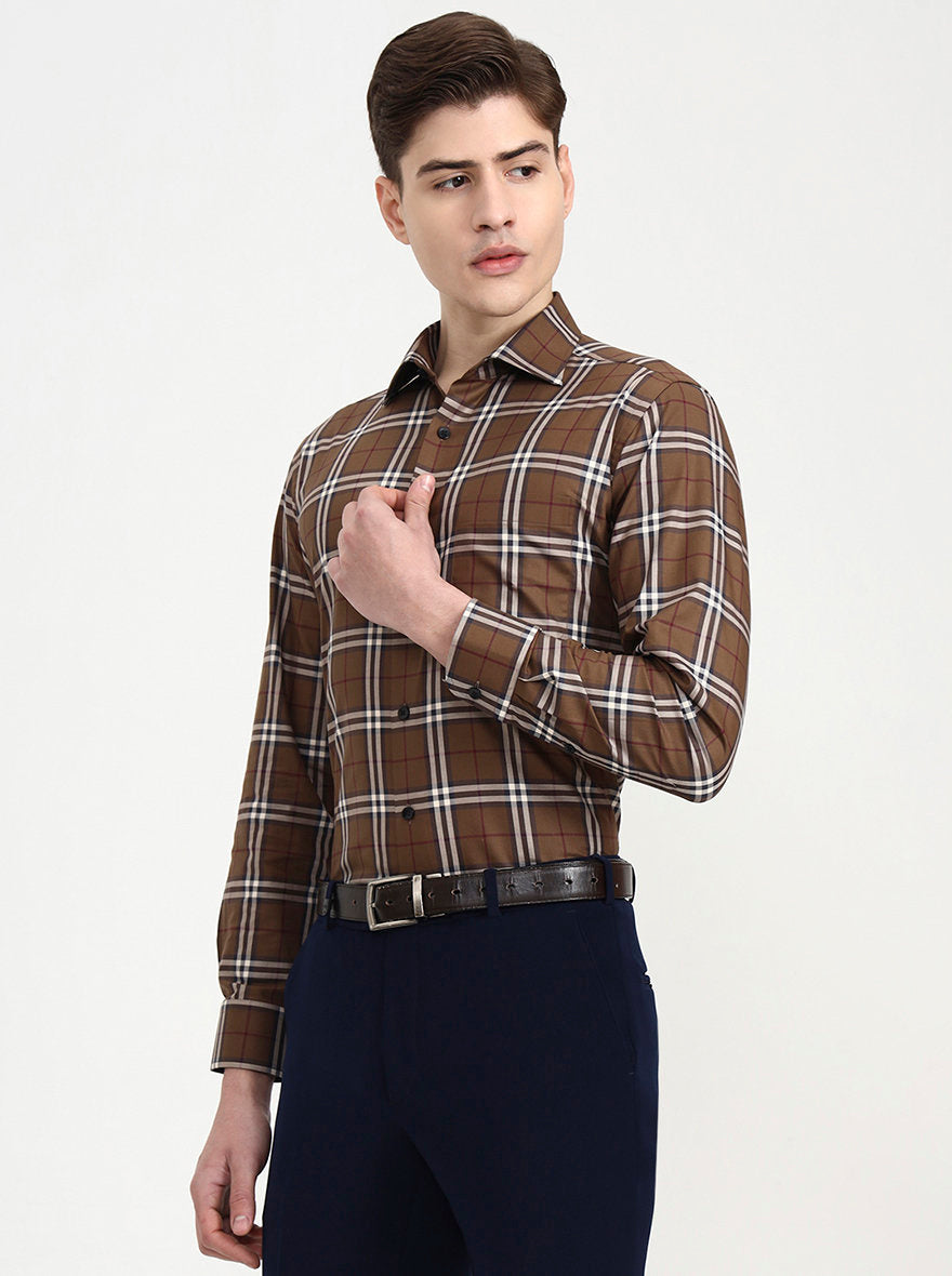 Brown Checked Slim Fit Formal Shirt | Metal