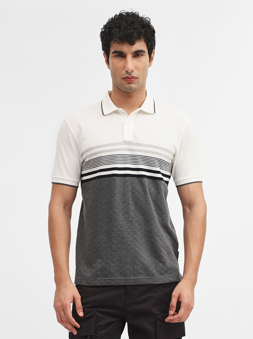 White & Grey Striped Slim Fit Polo T-Shirt | Greenfibre