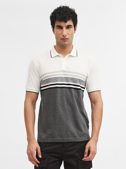 White & Grey Striped Slim Fit Polo T-Shirt | Greenfibre