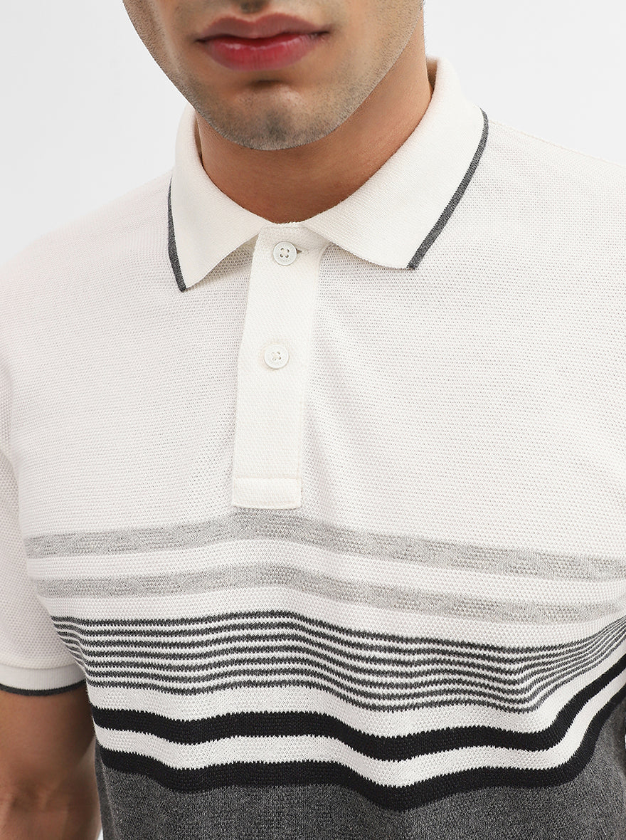 White & Grey Striped Slim Fit Polo T-Shirt | Greenfibre