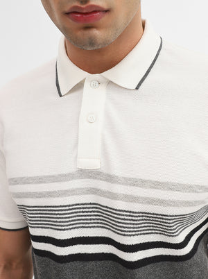 White & Grey Striped Slim Fit Polo T-Shirt | Greenfibre