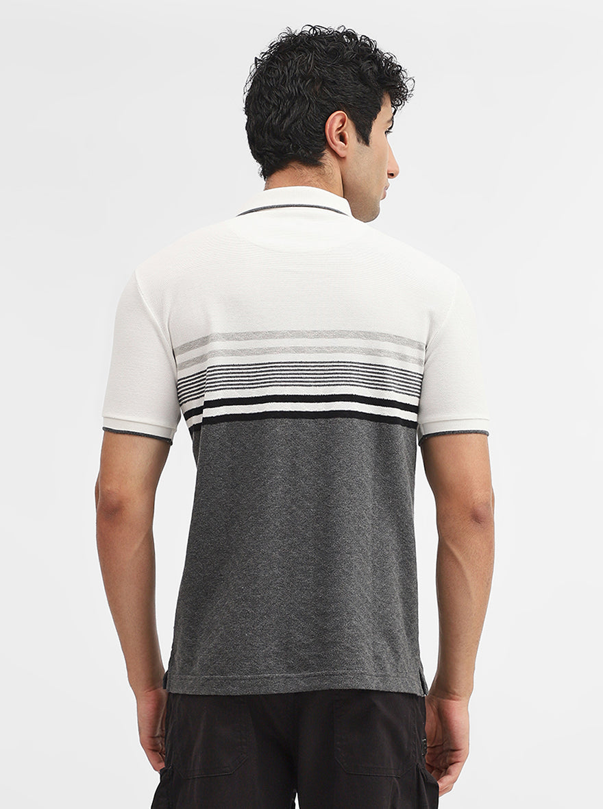 White & Grey Striped Slim Fit Polo T-Shirt | Greenfibre