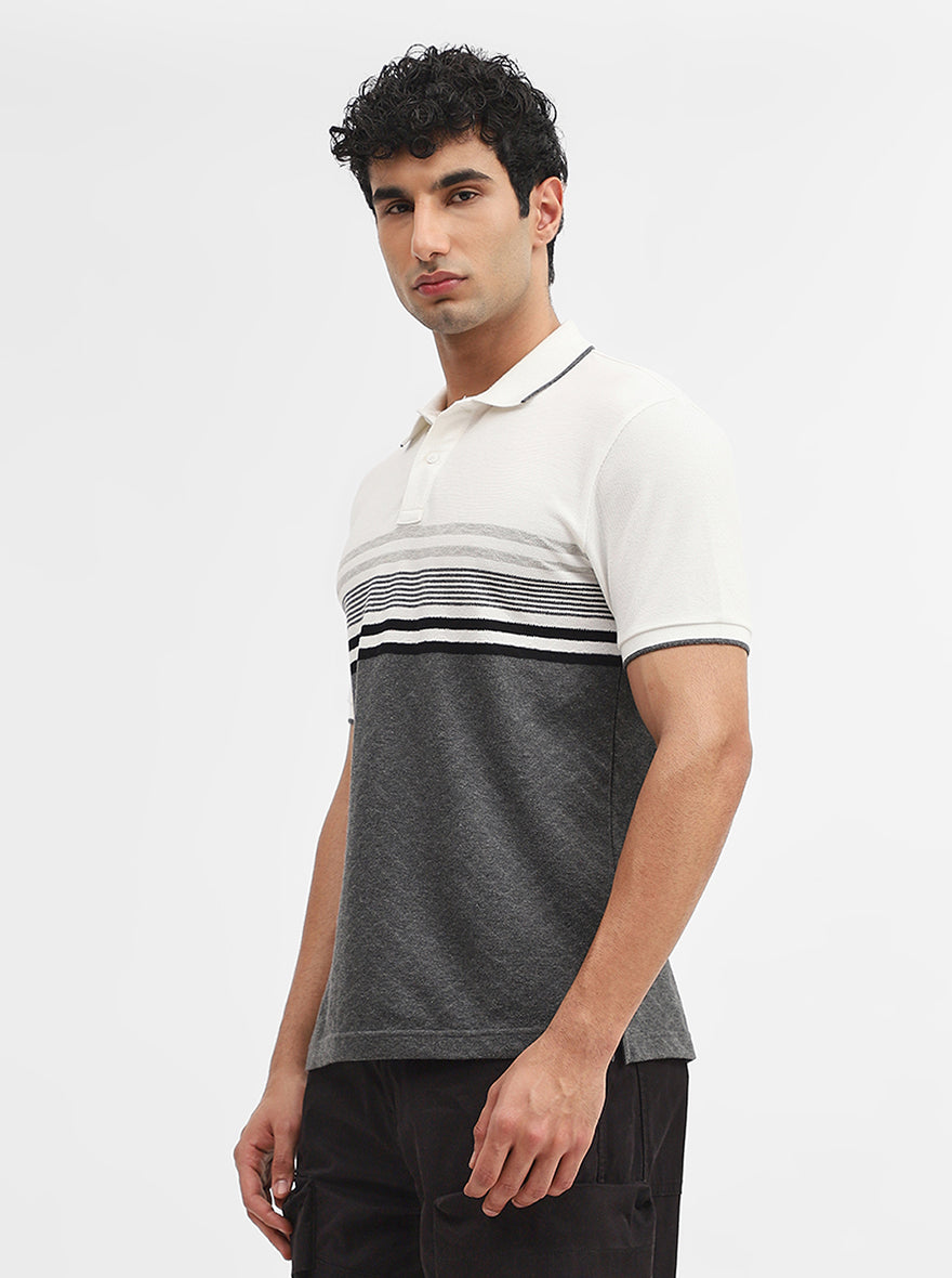 White & Grey Striped Slim Fit Polo T-Shirt | Greenfibre