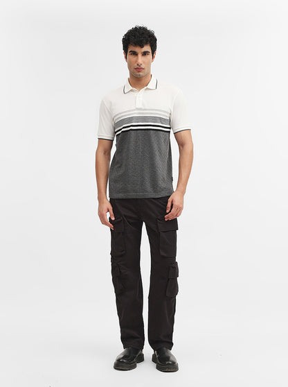 White & Grey Striped Slim Fit Polo T-Shirt | Greenfibre