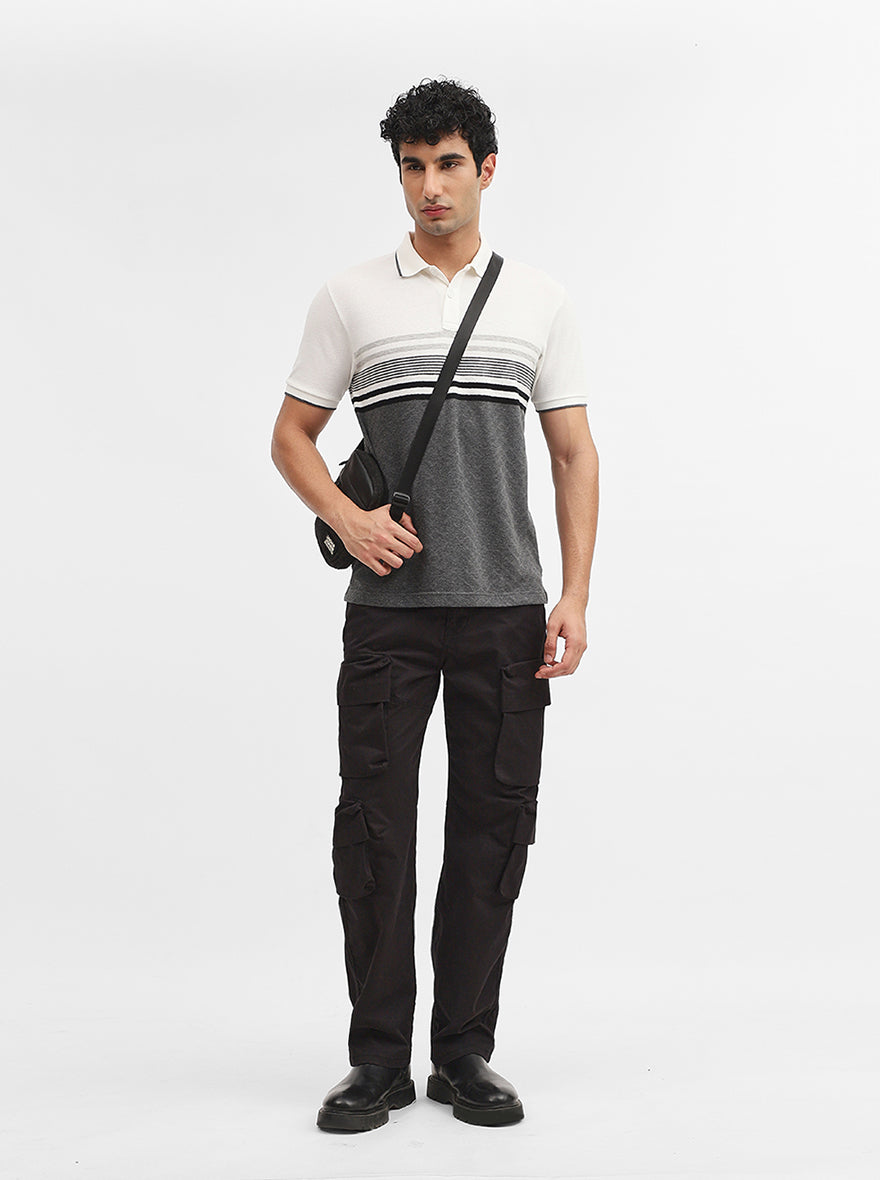 White & Grey Striped Slim Fit Polo T-Shirt | Greenfibre