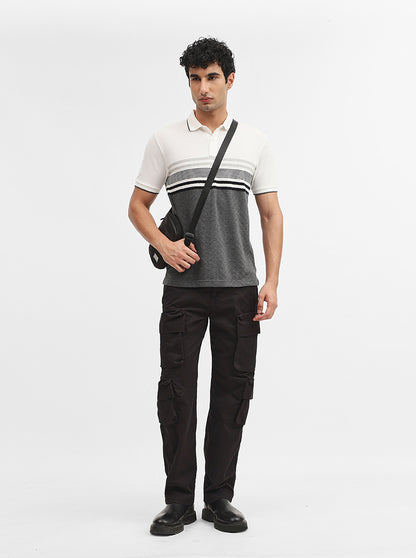 White & Grey Striped Slim Fit Polo T-Shirt | Greenfibre