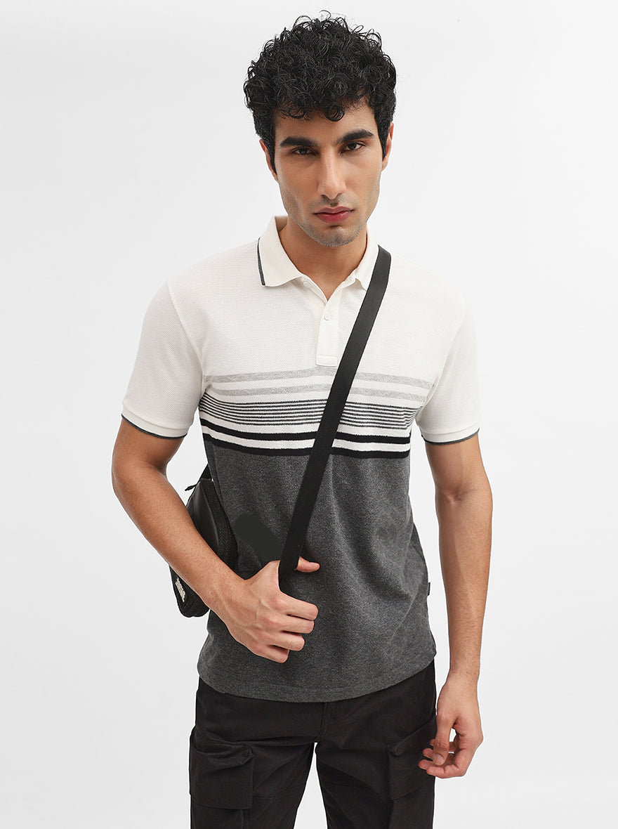 White & Grey Striped Slim Fit Polo T-Shirt | Greenfibre