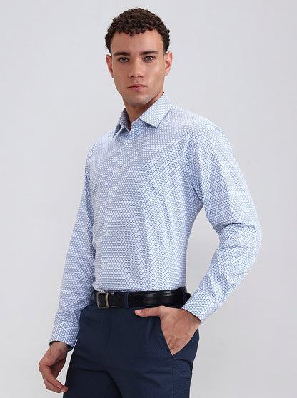 White & Blue Printed Regular Fit Formal Shirt | JadeBlue