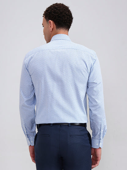White & Blue Printed Regular Fit Formal Shirt | JadeBlue