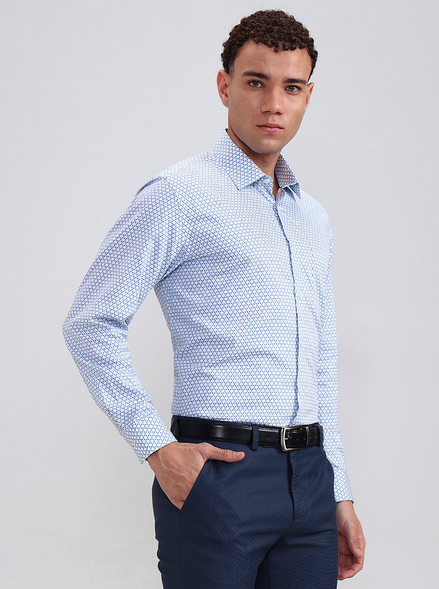 White & Blue Printed Regular Fit Formal Shirt | JadeBlue