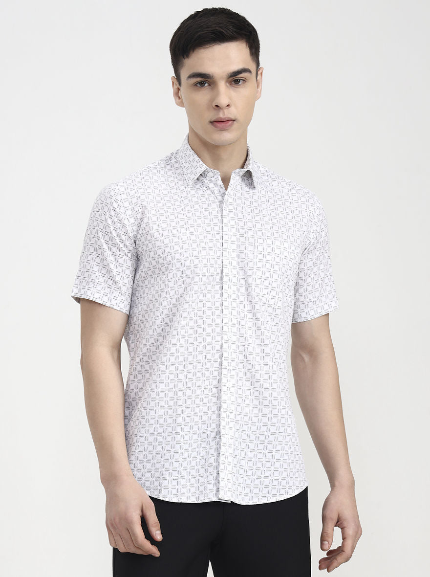 White Printed Tailored Fit Semi Casual Shirt | JadeBlue