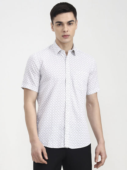 White Printed Tailored Fit Semi Casual Shirt | JadeBlue