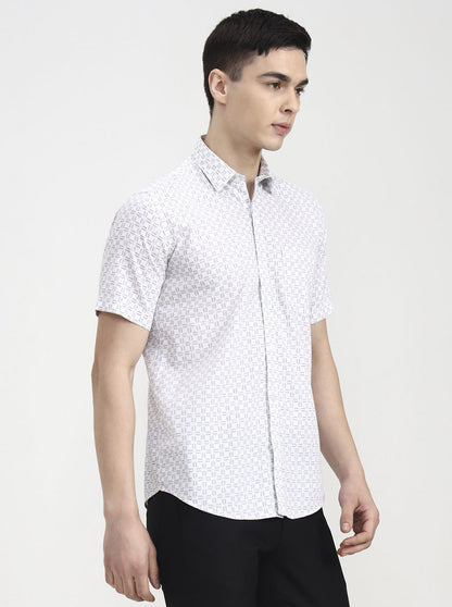 White Printed Tailored Fit Semi Casual Shirt | JadeBlue