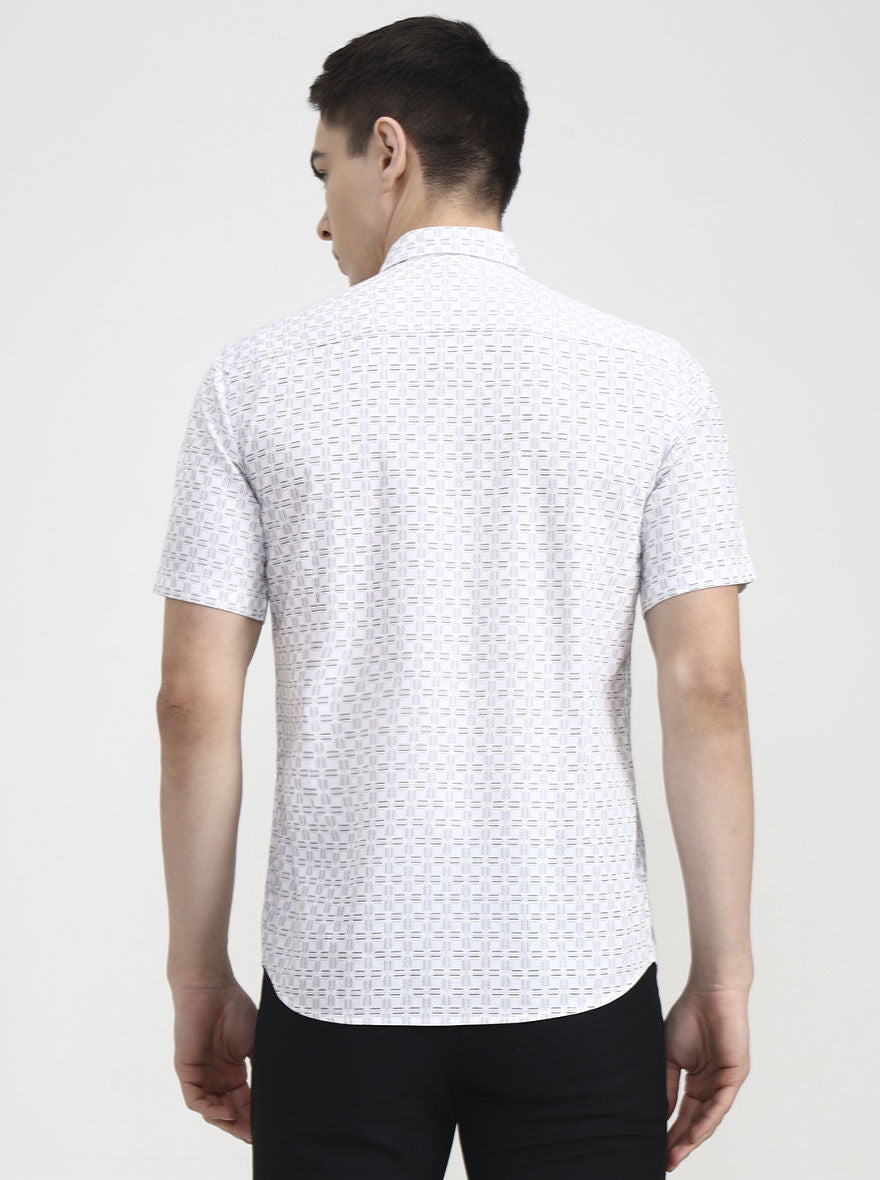 White Printed Tailored Fit Semi Casual Shirt | JadeBlue