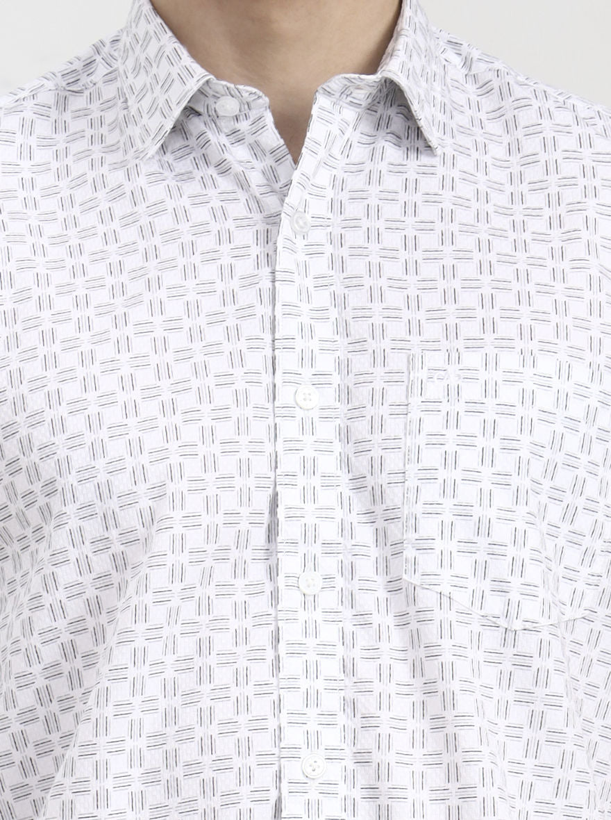 White Printed Tailored Fit Semi Casual Shirt | JadeBlue