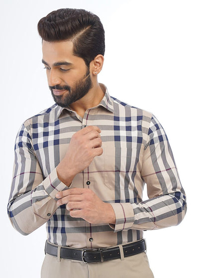 Beige Checked Slim Fit Formal Shirt | Metal