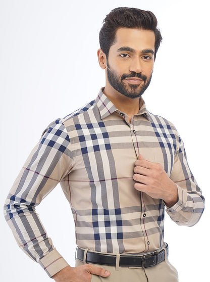 Beige Checked Slim Fit Formal Shirt | Metal