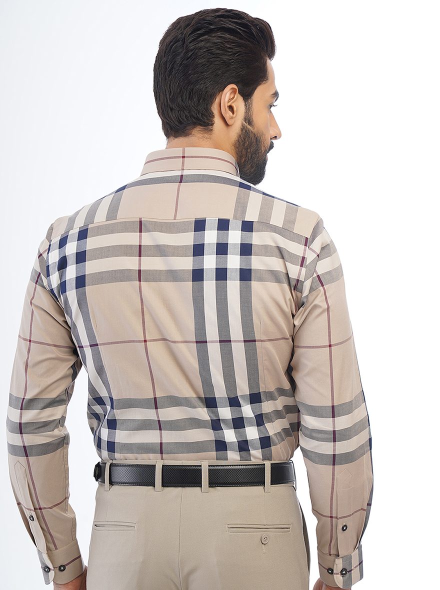 Beige Checked Slim Fit Formal Shirt | Metal