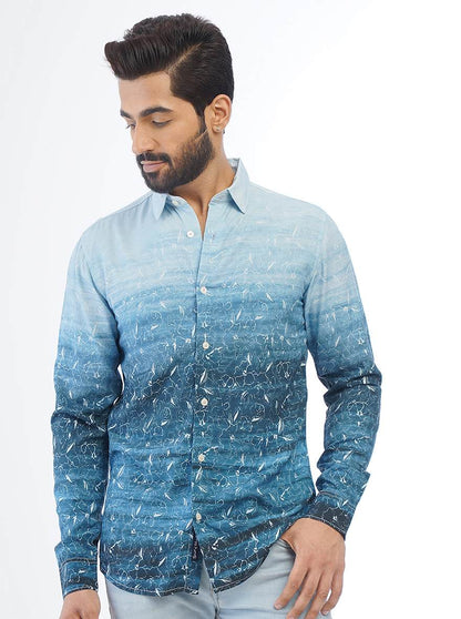 Blue Printed Slim Fit Casual Shirt | JadeBlue