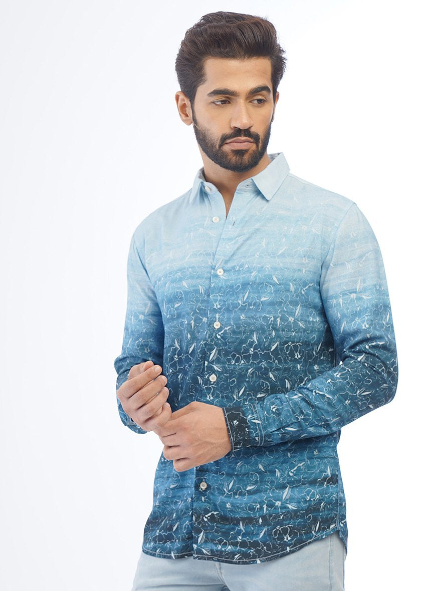 Blue Printed Slim Fit Casual Shirt | JadeBlue