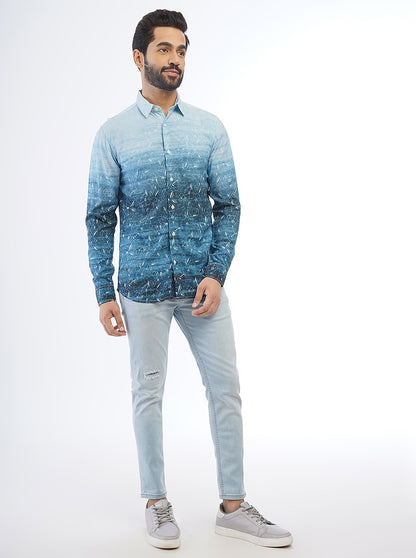 Blue Printed Slim Fit Casual Shirt | JadeBlue