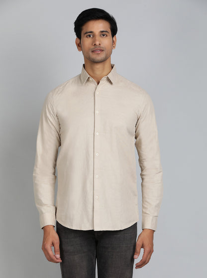 Beige Solid Slim Fit Casual Shirt | JadeBlue