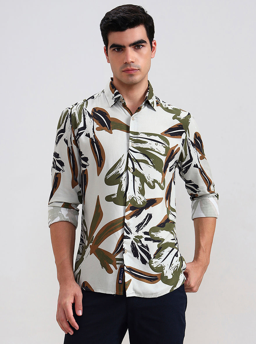 Olive Grey Printed Slim Fit Casual Shirt | Greenfibre