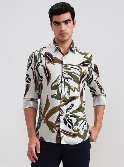 Olive Grey Printed Slim Fit Casual Shirt | Greenfibre
