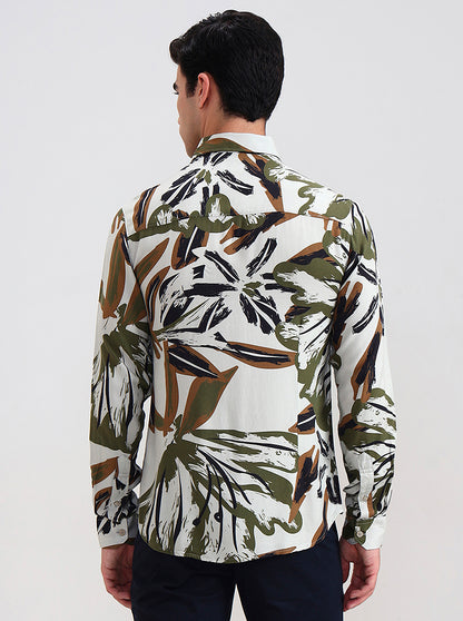 Olive Grey Printed Slim Fit Casual Shirt | Greenfibre