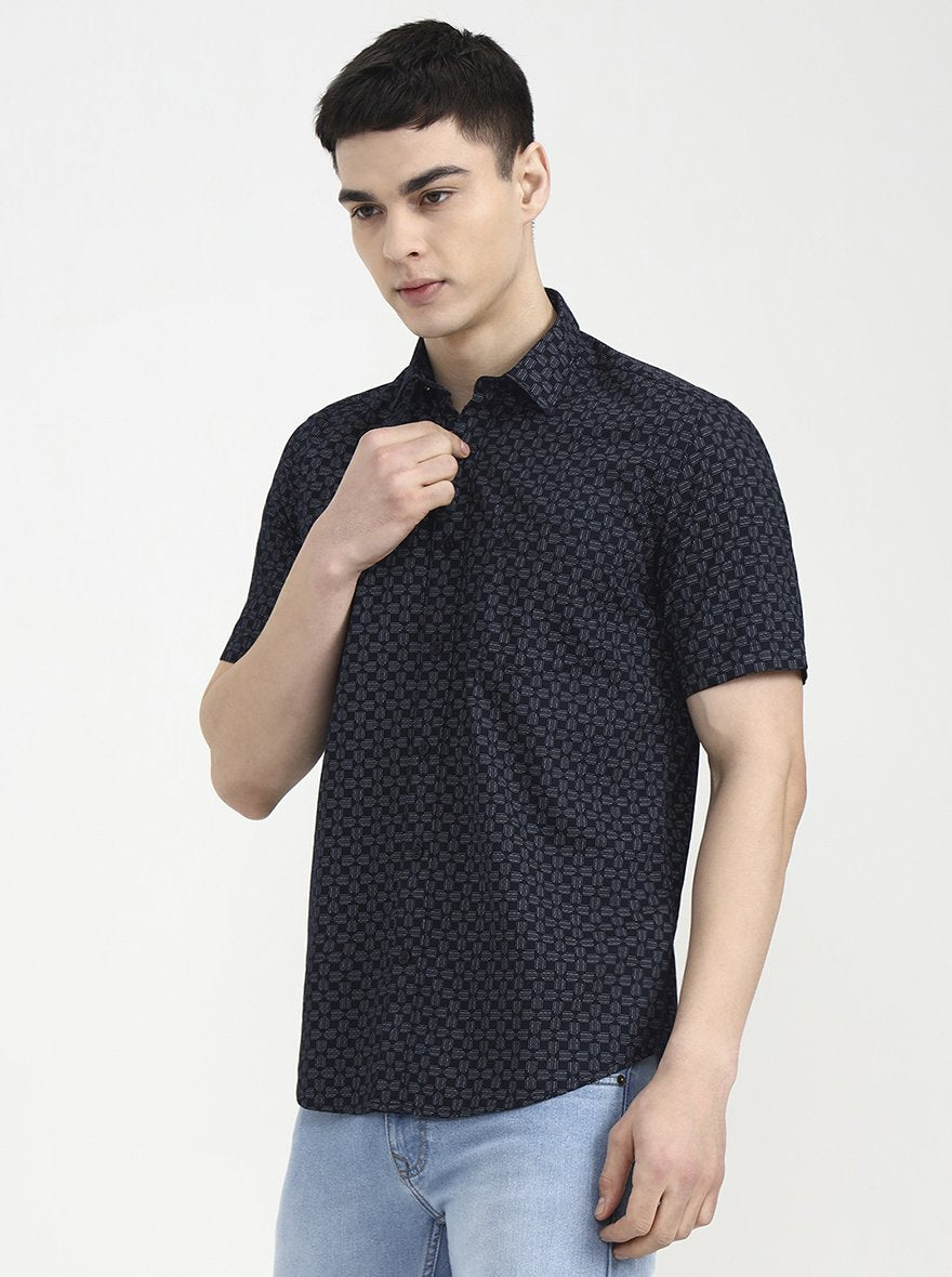 Black Printed Tailored Fit Semi Casual Shirt | JadeBlue