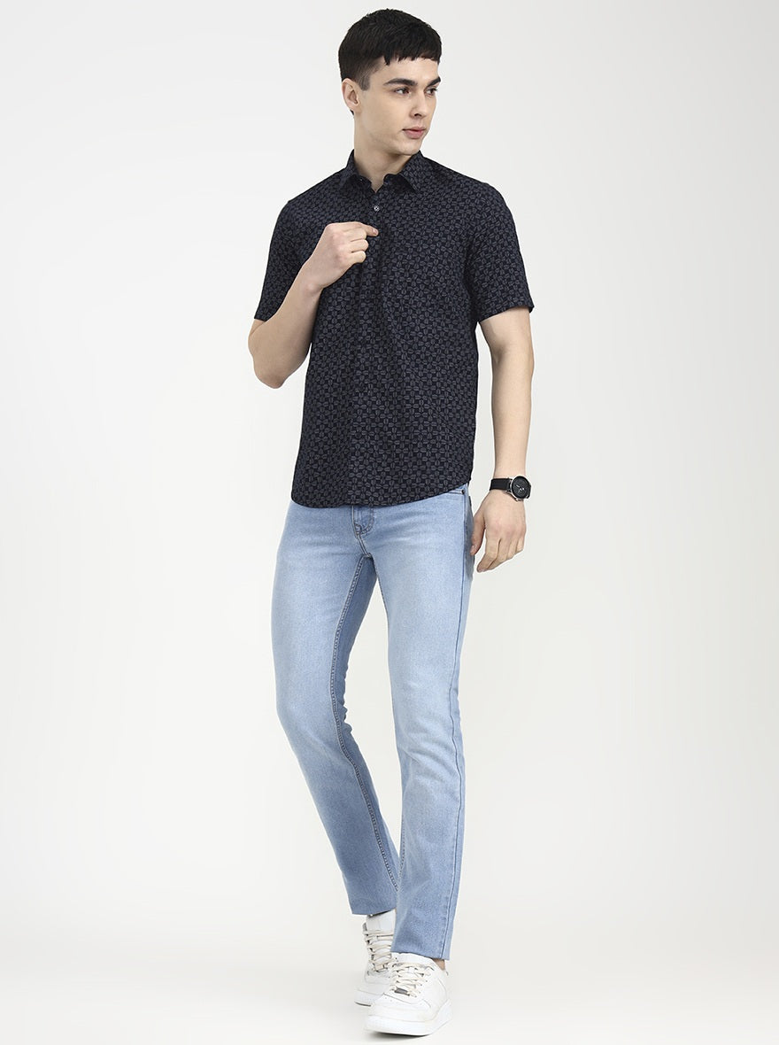 Black Printed Tailored Fit Semi Casual Shirt | JadeBlue