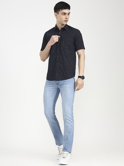 Black Printed Tailored Fit Semi Casual Shirt | JadeBlue