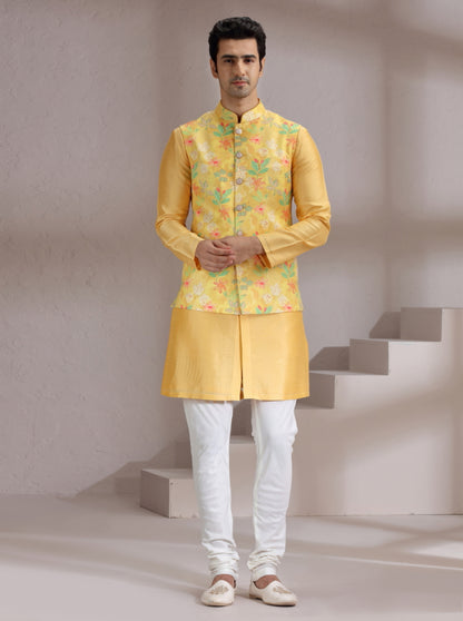 Yellow Printed Bandhgala Jacket | Virasana