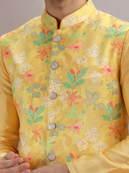 Yellow Printed Bandhgala Jacket | Virasana