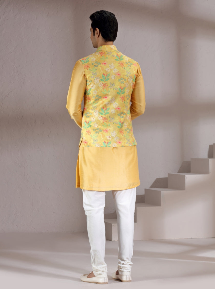 Yellow Printed Bandhgala Jacket | Virasana