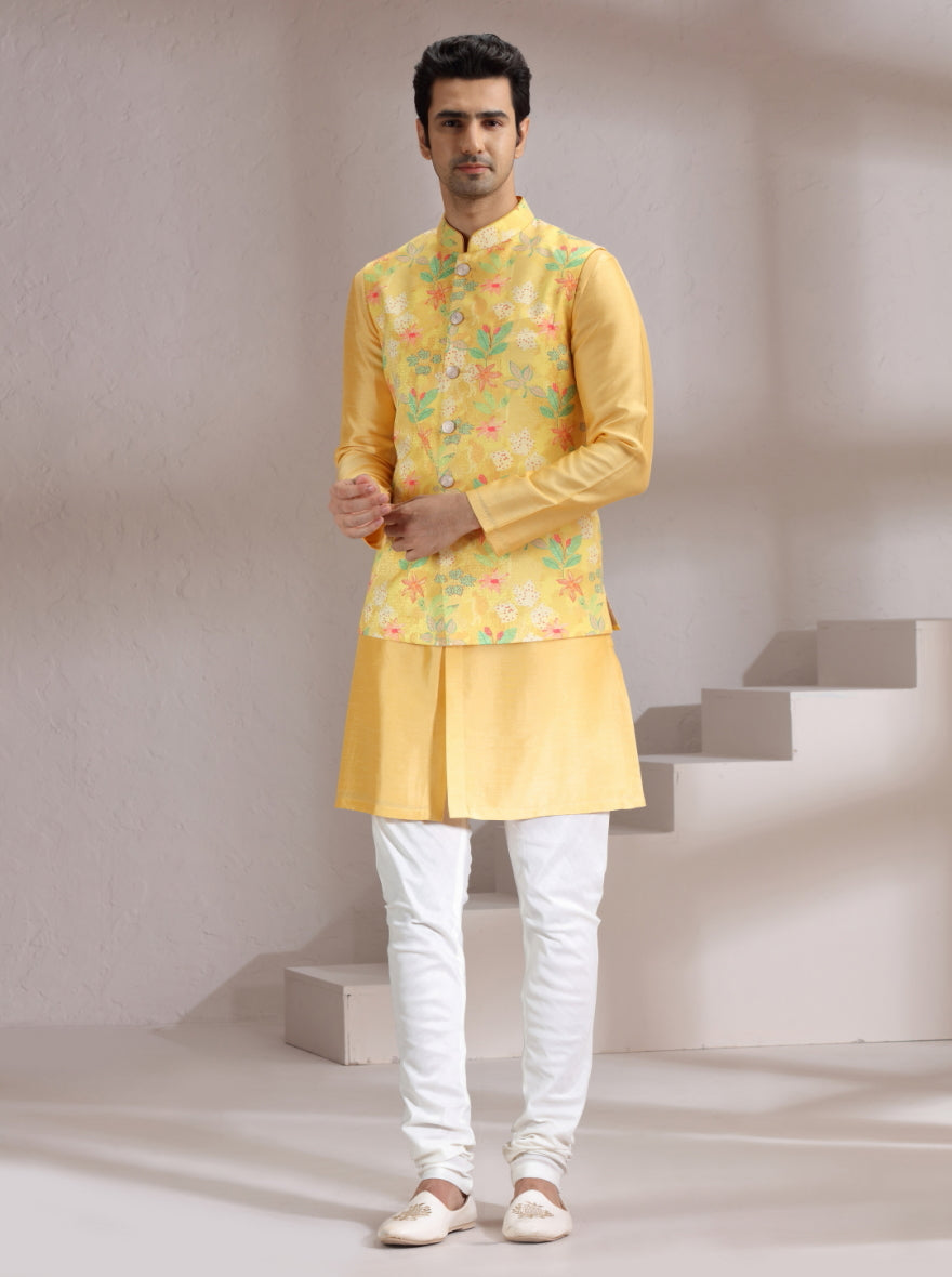 Yellow Printed Bandhgala Jacket | Virasana