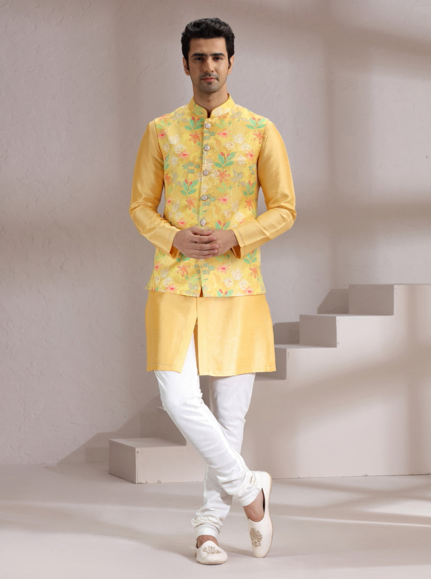 Yellow Printed Bandhgala Jacket | Virasana