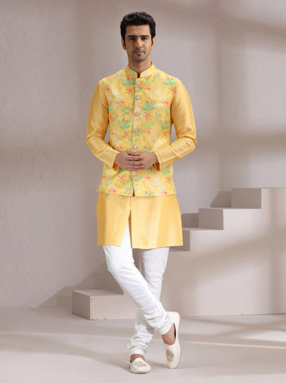 Yellow Printed Bandhgala Jacket | Virasana