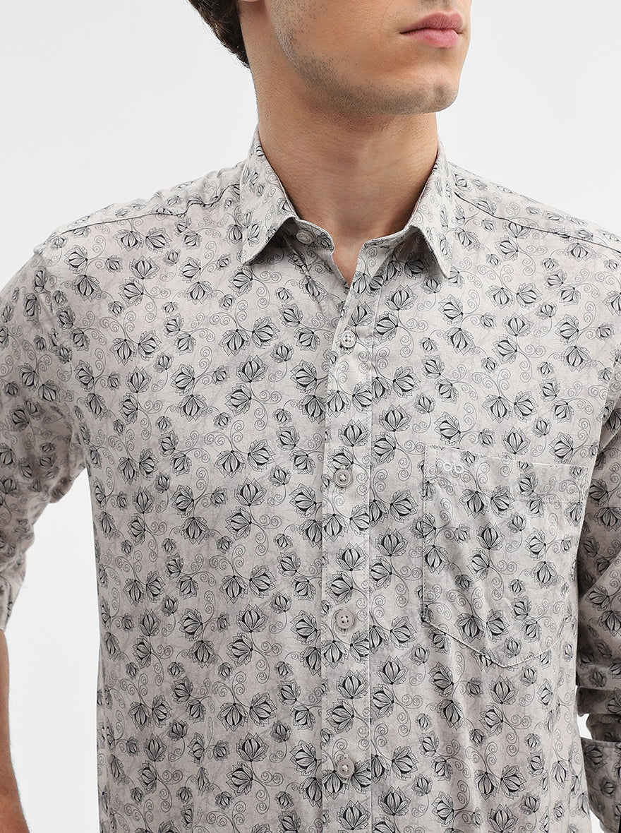 Grey & Black Printed Tailored Fit Semi Casual Shirt | JadeBlue
