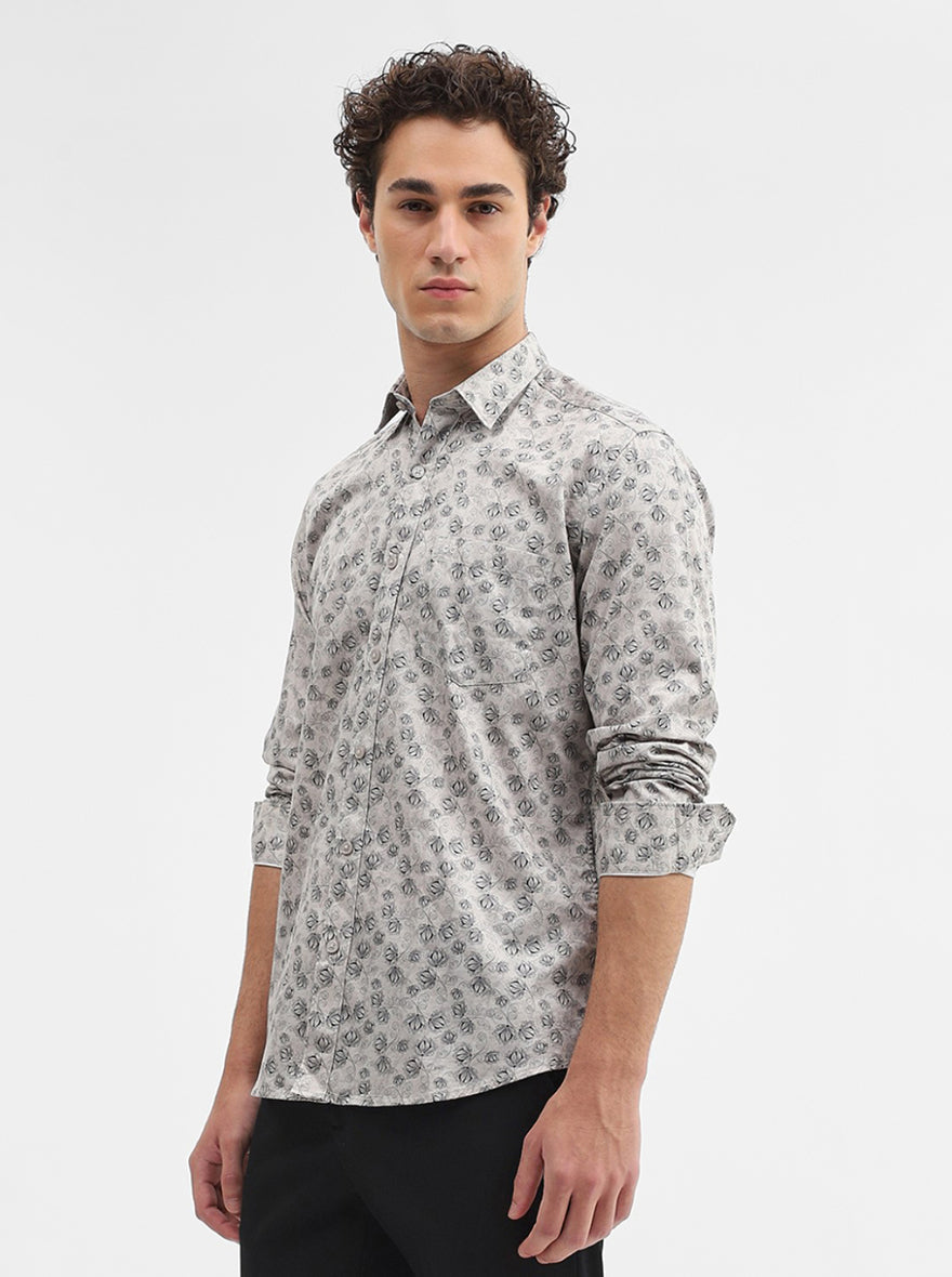 Grey & Black Printed Tailored Fit Semi Casual Shirt | JadeBlue