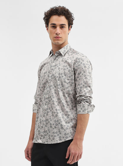 Grey & Black Printed Tailored Fit Semi Casual Shirt | JadeBlue