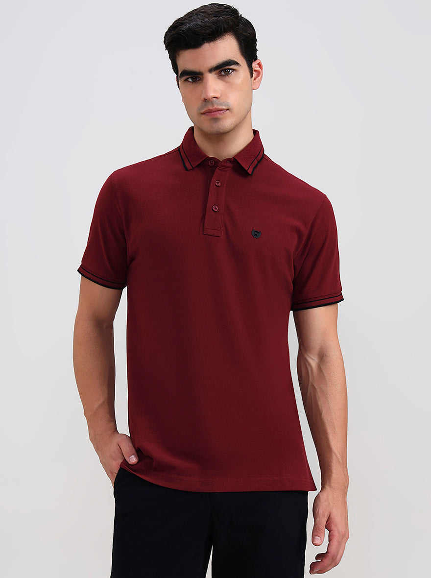 Maroon Solid Slim Fit Polo T-Shirt | JadeBlue