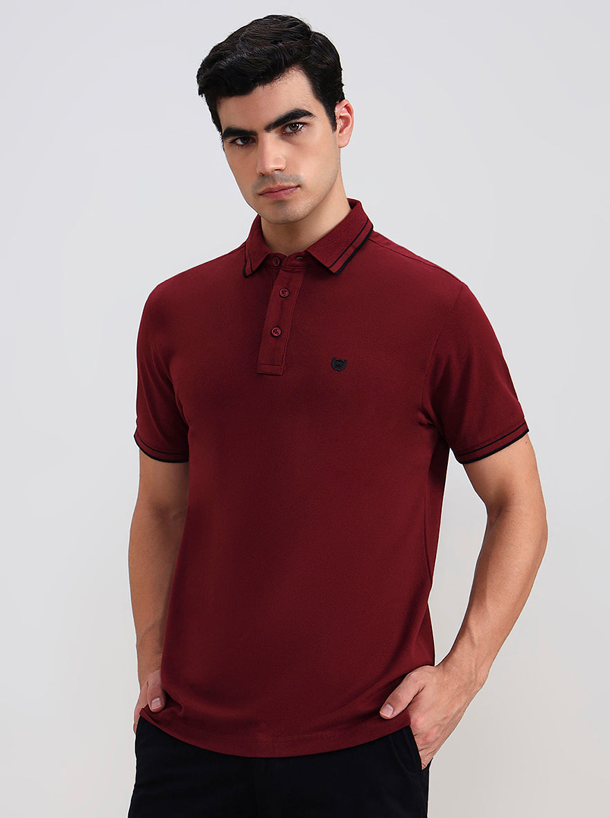 Maroon Solid Slim Fit Polo T-Shirt | JadeBlue