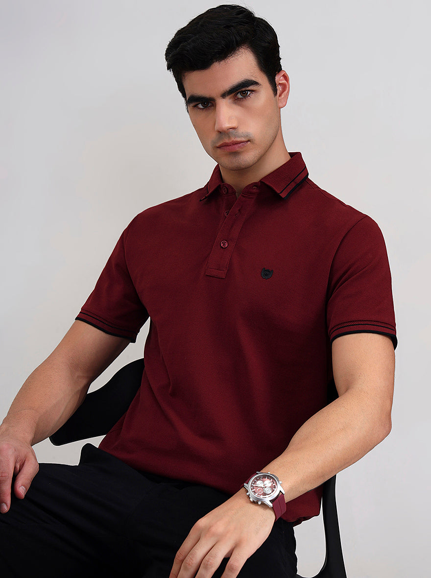 Maroon Solid Slim Fit Polo T-Shirt | JadeBlue