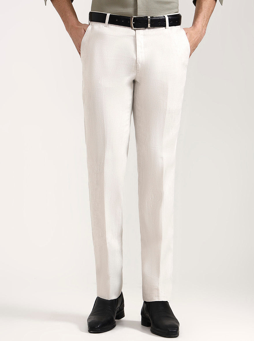 Off White Solid Slim Fit Formal Trouser | JadeBlue